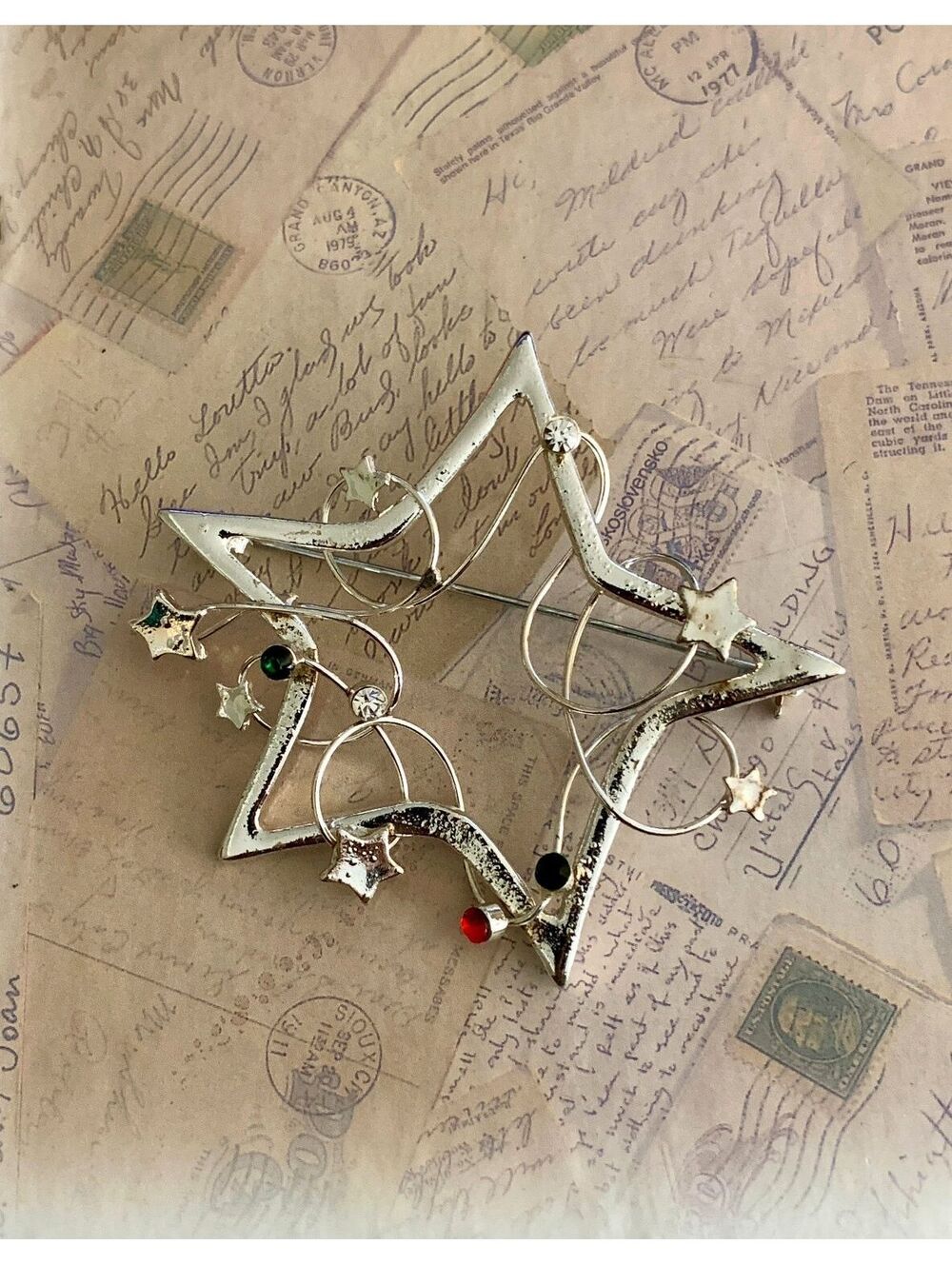 Vintage Christmas Star-Shaped Silver Tone Pin Brooch with Colorful Accents